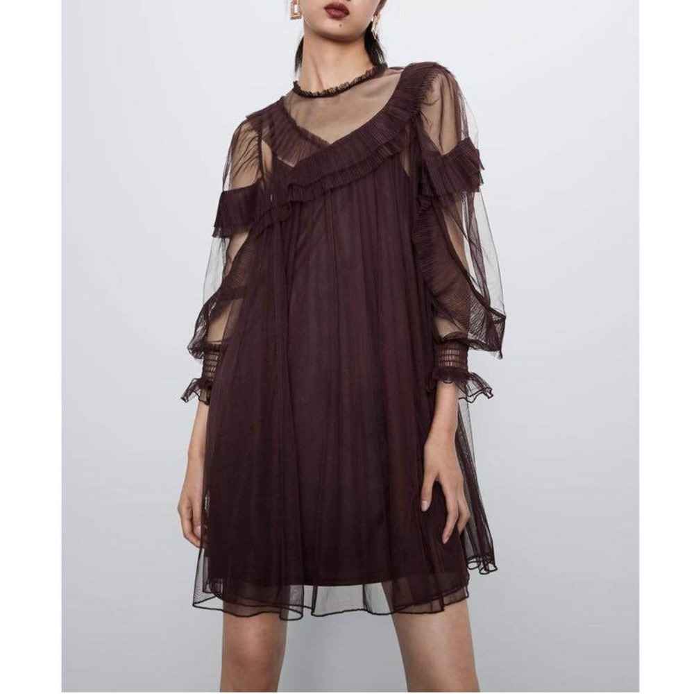 ZARA Womens‎ Tulle Mini Dress L Purple Brown Sheer Coquette Holiday Event